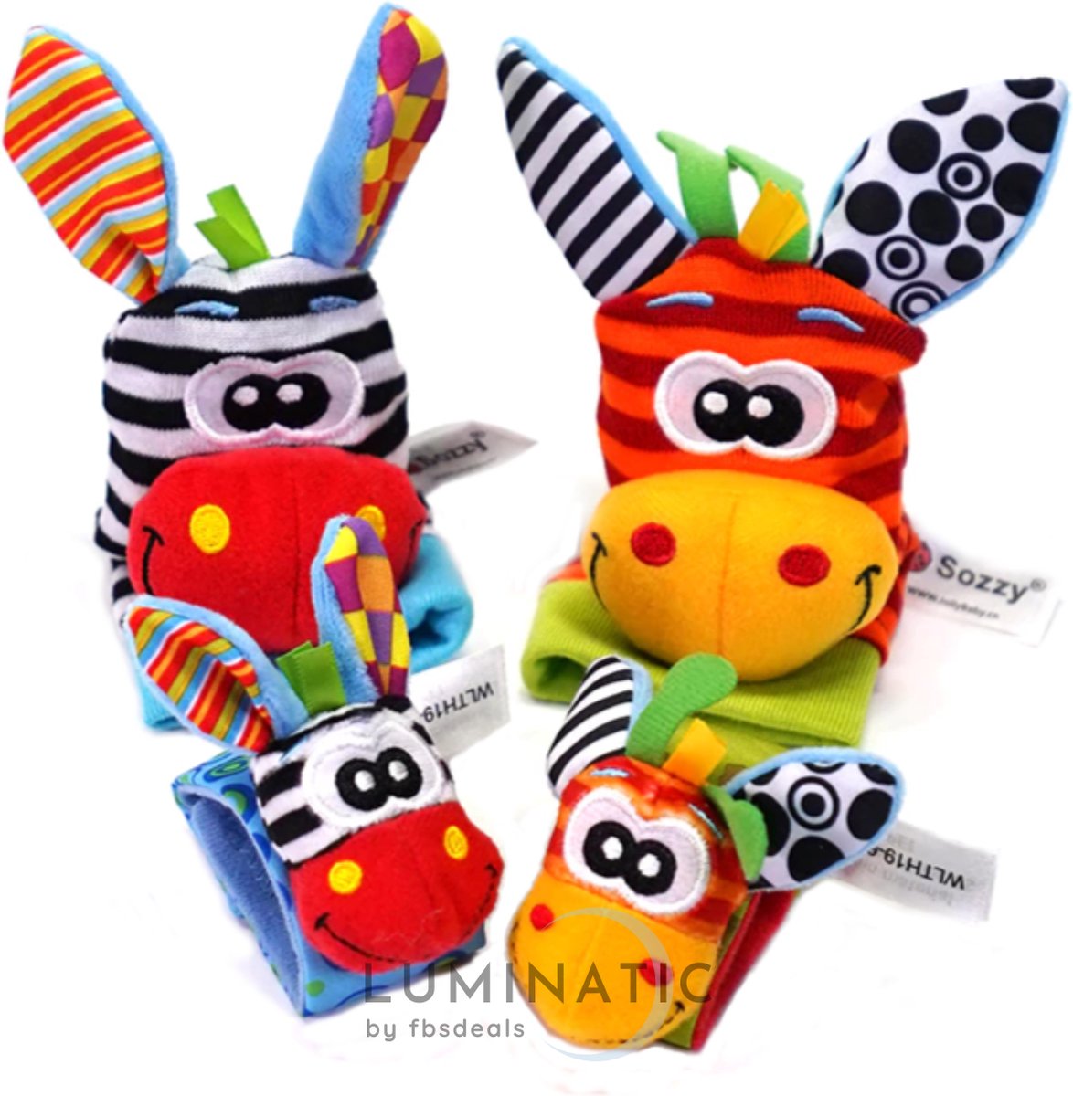 Baby Rammelaar - Rammelaar Sokjes en Armbandjes - Pols en Voetrammelaar - Speel en Voetzoeker Sokken - Baby Sokjes - Zebra en Giraffe - Pluche Knuffels - Rammelaar - Belletjes | Luminatic® | 1 Set, 4 Stuks